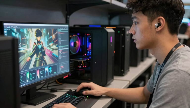 Image of a person happily handing over a used computer to a buyer at a friendly shop.