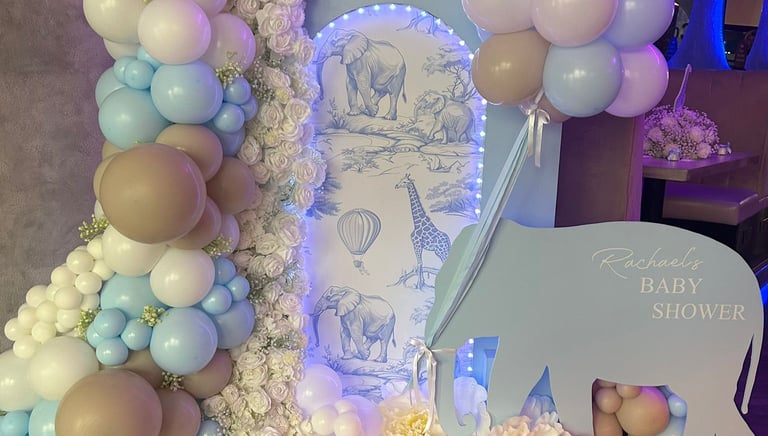 Elephant themed baby shower balloon backdrop in Liverpool