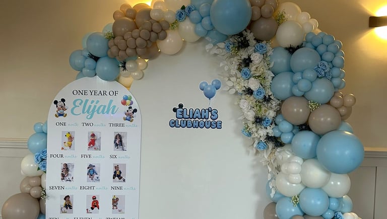 Blue Mickey Mouse themed balloon backdrop for children’s party in Liverpool