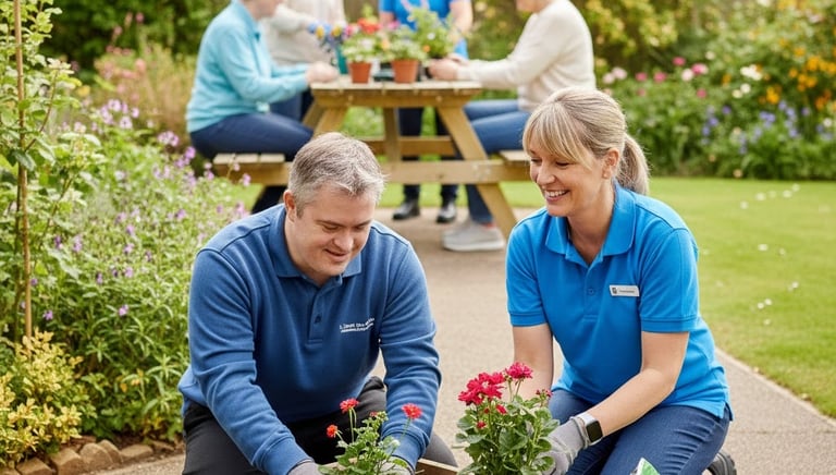 Supported Housing  | Propakaya Ltd | a man and woman in blue shirts and gloves are gardening