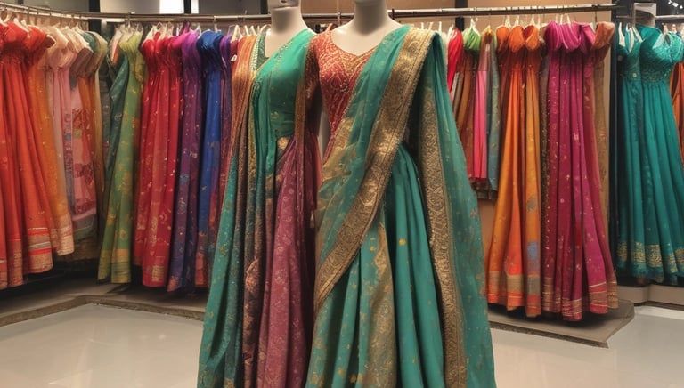 A vibrant display of silk and chiffon sarees hanging gracefully in a warmly lit showroom