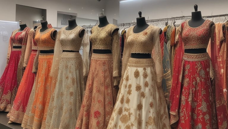 Beautifully embroidered bridal lehengas showcased on mannequins with soft spotlighting