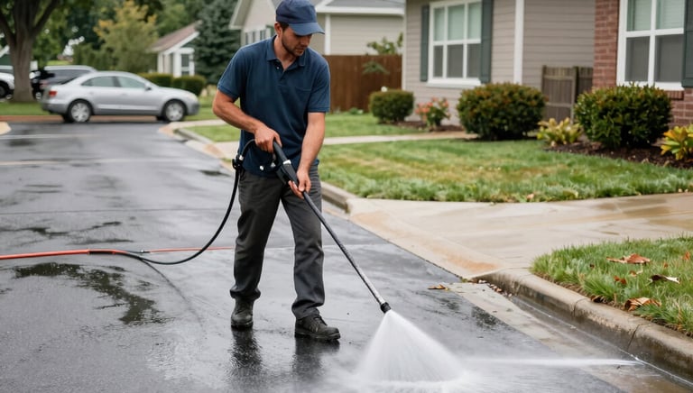 Close-up of a driveway mid-power wash, showing a clear contrast between cleaned and dirty areas.