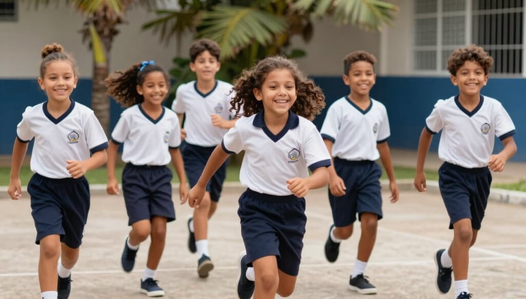 Photo of children wearing comfortable and colorful school uniforms in a bright classroom.