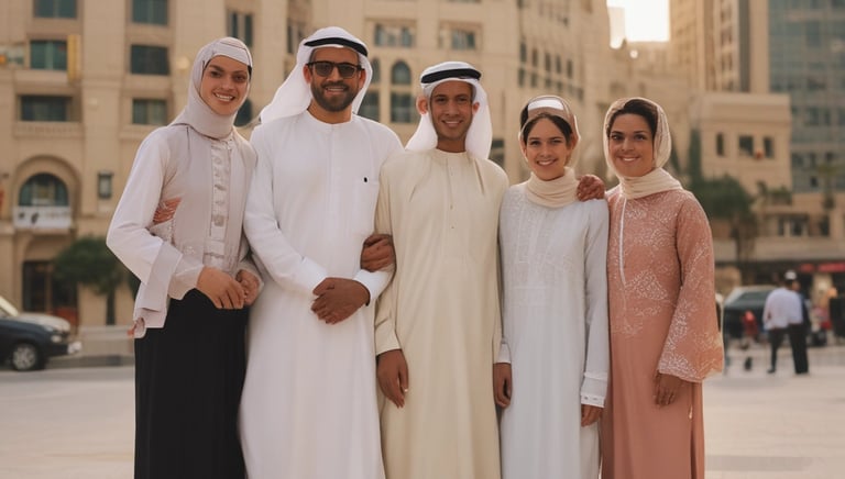 A warm image of a small family smiling together outside their hotel near Makkah.