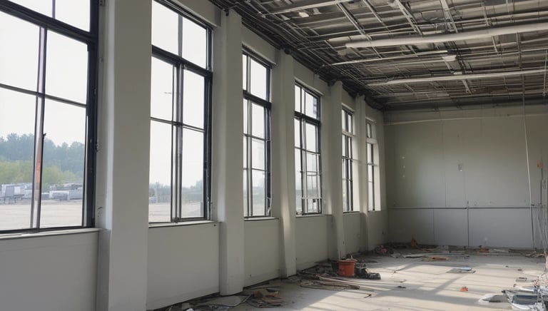 A team working on electrical wiring in a modern commercial building.