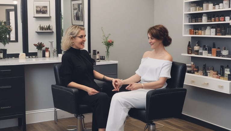 Close-up of a hair stylist applying warm golden highlights with careful attention.