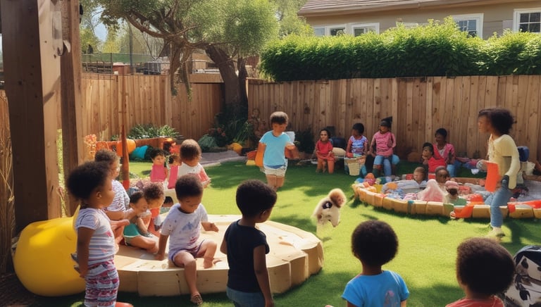 A warm, inviting home setting with a caregiver playing with children.