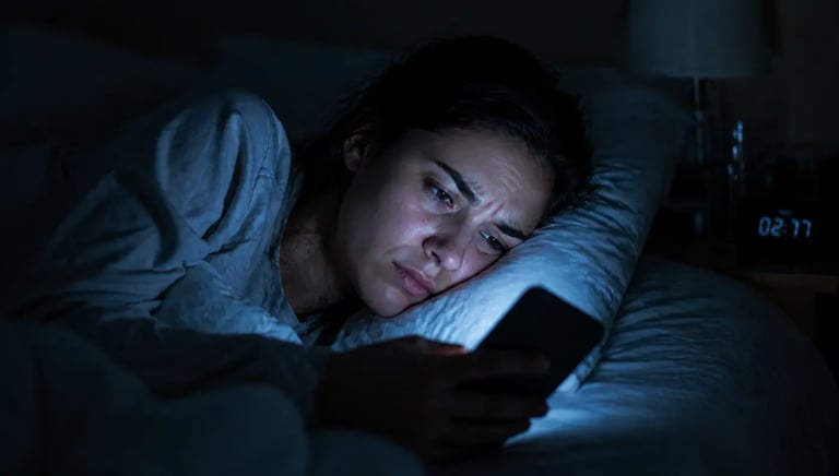 An anxious woman with insomnia lies in bed in the dark looking at her smartphone screen.