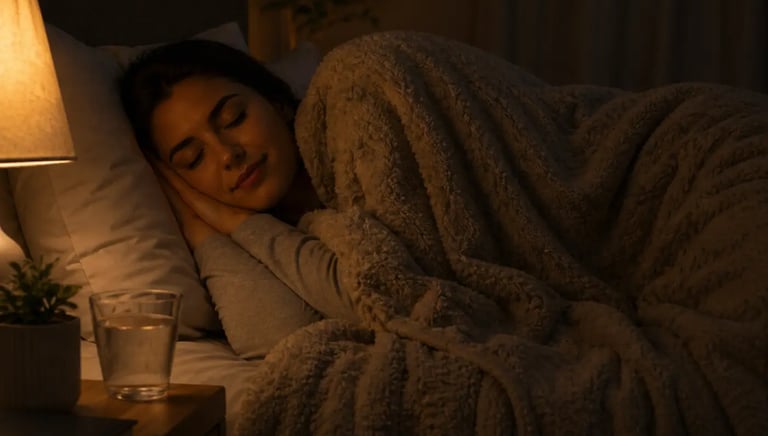 A woman sleeping peacefully in bed under a cozy weighted blanket with a warm bedside lamp.