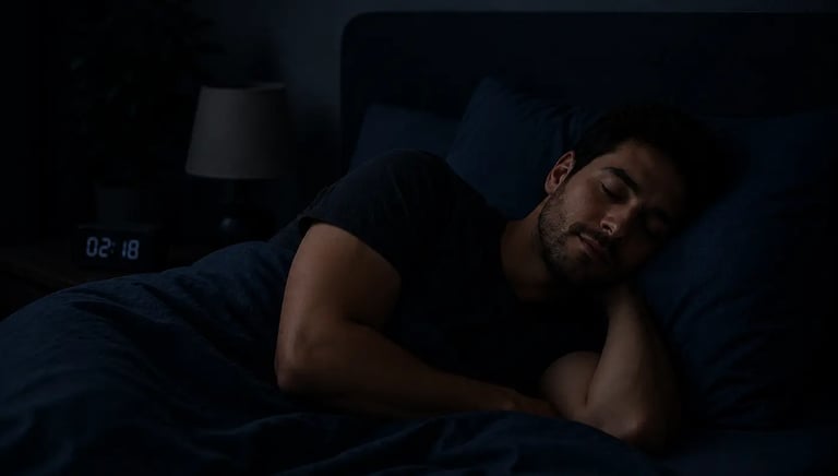 A man sleeping peacefully in a dark bedroom at night with a digital alarm clock on the nightstand.