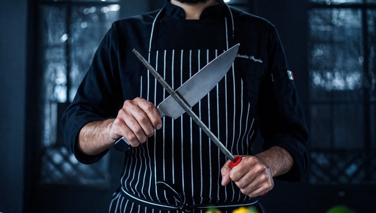 Chef sharpening a knife with crossed blade in a cinematic, moody setting