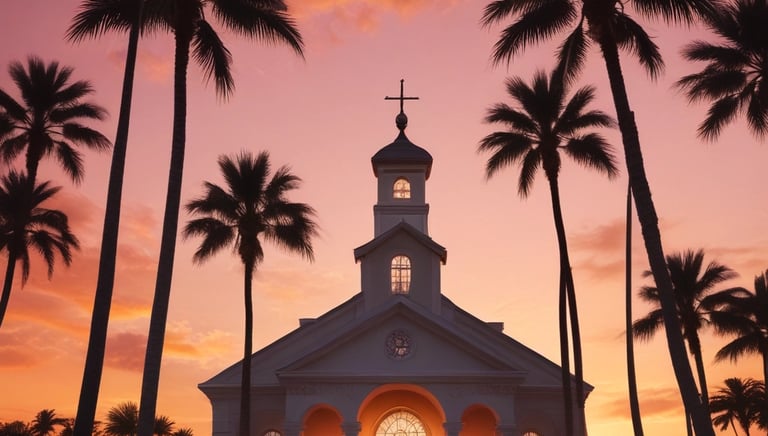 A serene outdoor setting with candles and flowers arranged for a memorial service under Florida palms.