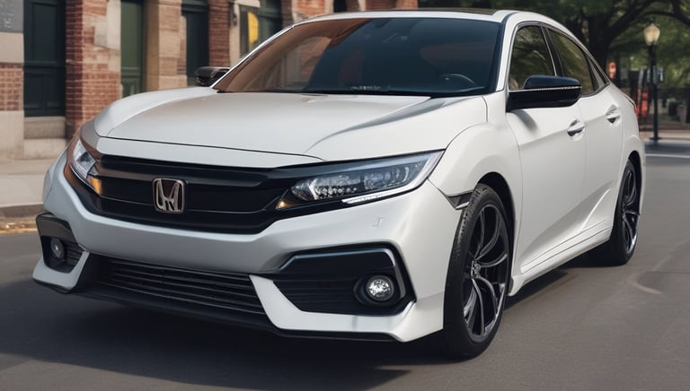 A red Honda hatchback ready for pickup in front of a modern house.