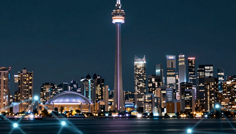 A glowing digital network graphic overlaying a futuristic city skyline at night.