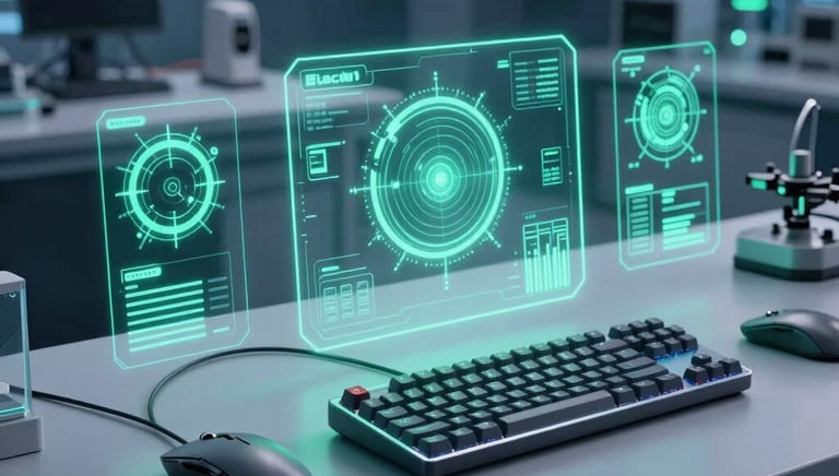 Close-up of futuristic ergonomic wearable technology glowing with deep teal and mint green lights