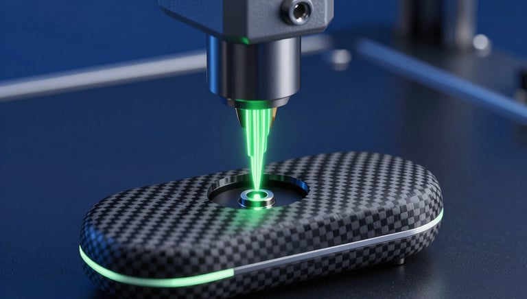 3D printer creating a sleek, minimalistic ergonomic device in a modern lab setting