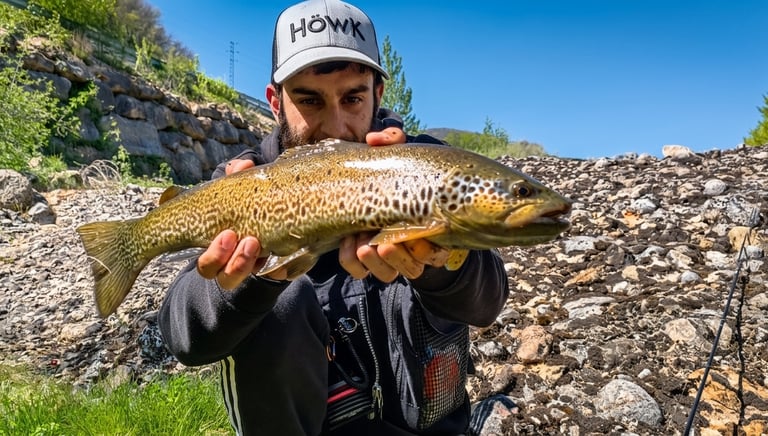 Pescador con una trucha en el río Esla, León