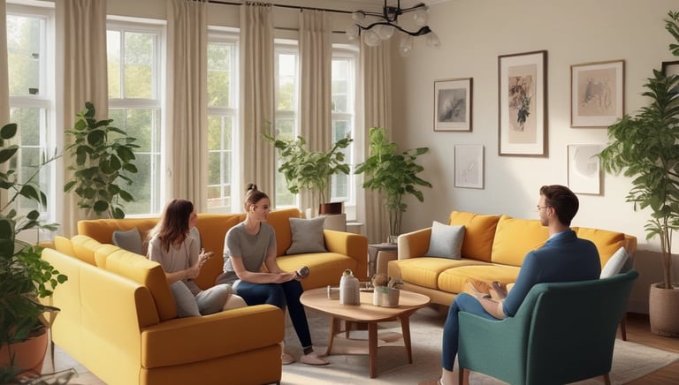 A warm consultation scene with a professional measuring a window for custom curtains in a cozy living room.