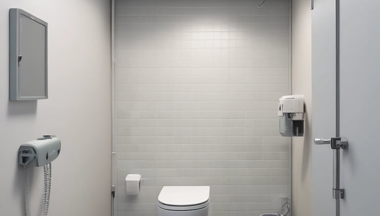 Plumber clearing a blocked toilet with professional tools in a bright bathroom.
