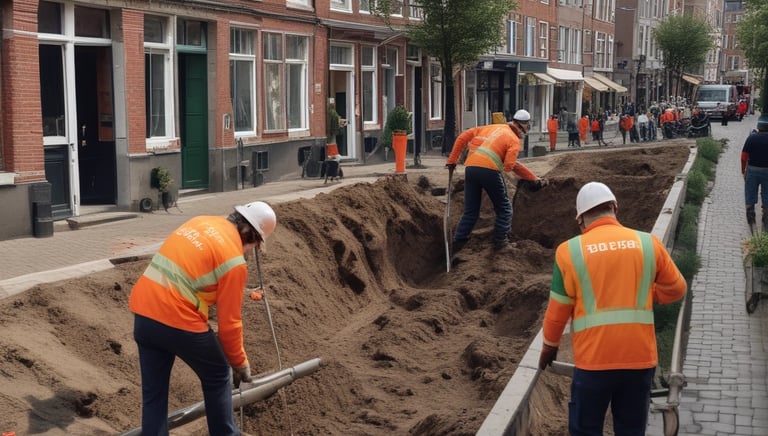 Technician working on repairing a sewer pipe outdoors on a sunny day.