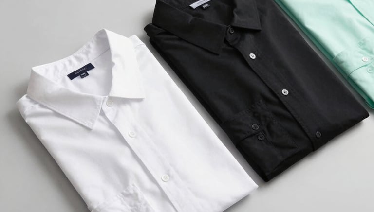 Stacks of neatly folded premium men's shirts ready for shipment in a clean warehouse.