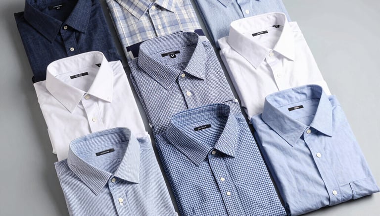 Stacks of neatly folded premium men's shirts ready for shipment in a clean warehouse.