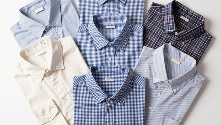 Stacks of neatly folded premium men's shirts ready for shipment in a clean warehouse.