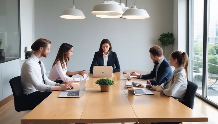Business team discussing strategy around a table with digital charts and laptops.
