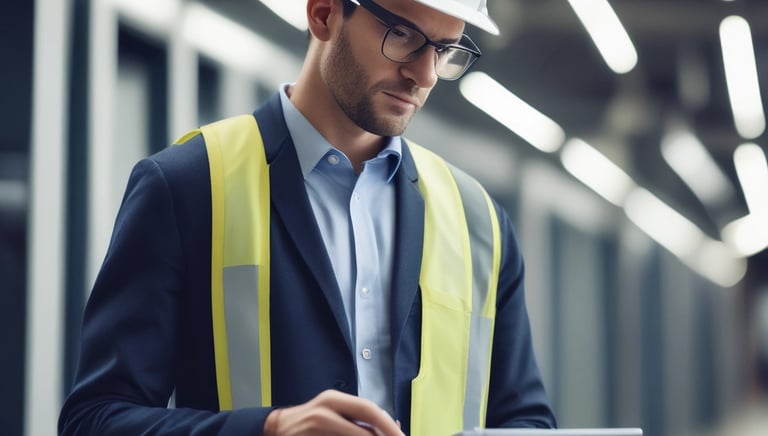 Technician inspecting industrial equipment with digital tablet in modern facility.