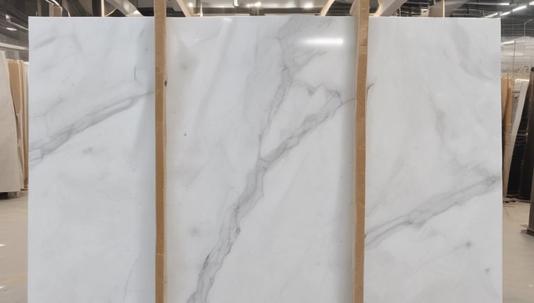 Close-up of polished white marble slabs stacked in a bright showroom.