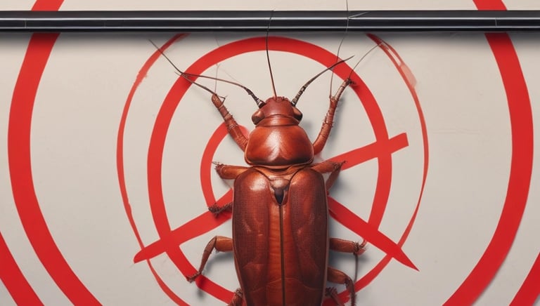 Technician in red uniform applying pest control treatment in a bright residential kitchen.
