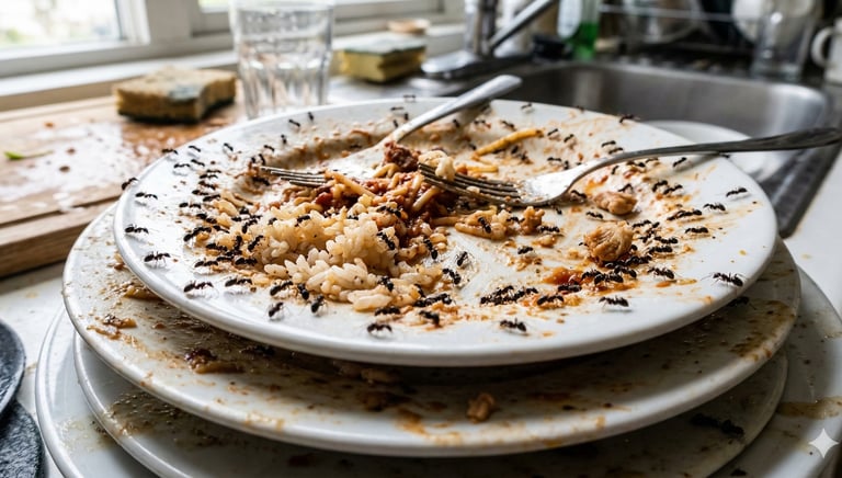 A swarm of black ants infesting dirty plates with food scraps in a kitchen sink.