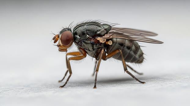 Macro side view of a common house fly with detailed wings and red eyes on a light surface.