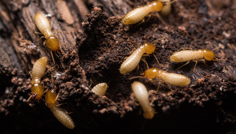Close-up of termites with pale bodies and orange-brown heads crawling on decaying wood and soil,