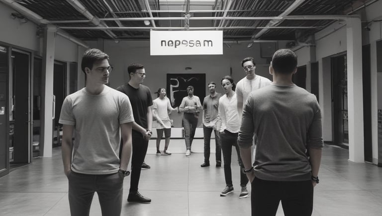 A creative team brainstorming around a table with notes and laptops.