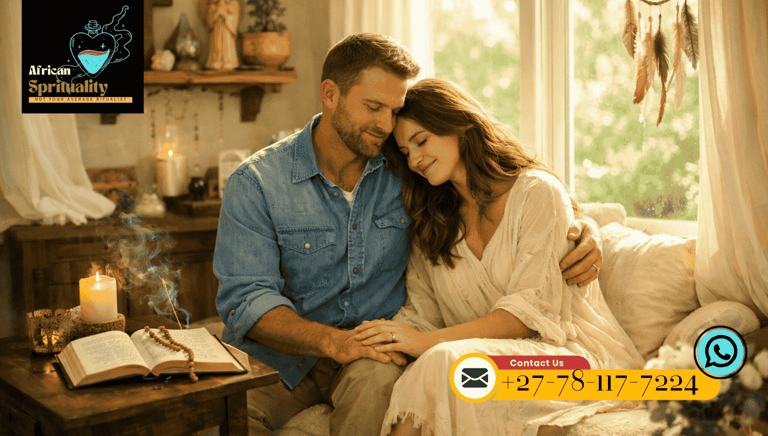 Couple embracing near a candle and spiritual book for love spells and relationship healing.
