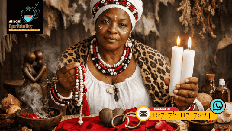 African spiritual healer holding prayer beads and white candles for traditional ritual ceremonies.
