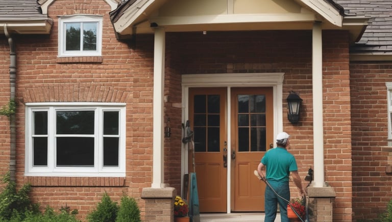 A professional inspecting a home's exterior siding on a sunny day.
