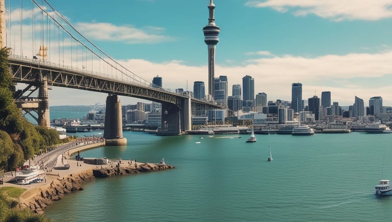 A vibrant illustration of a digital directory listing AI apps with New Zealand landmarks in the background.