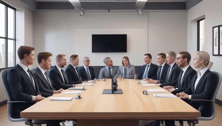 A group of executives engaged in a dynamic leadership workshop around a conference table.