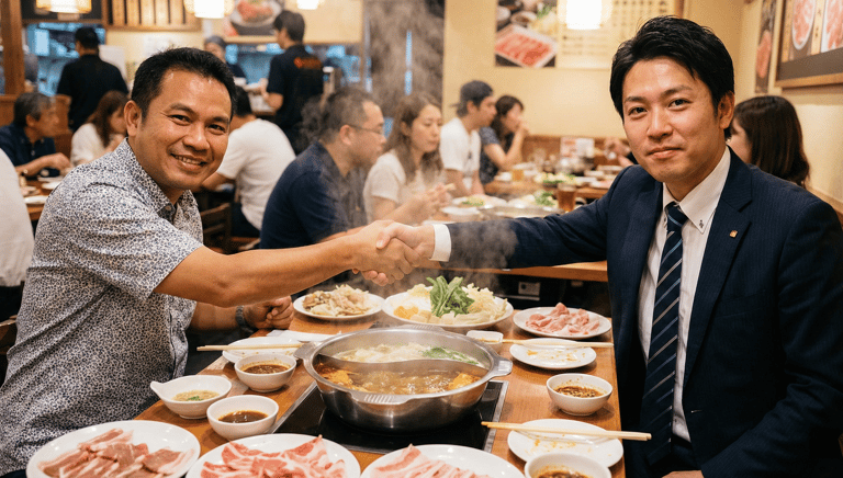 Professional business meeting at a hotpot event, featuring attendees networking and discussing trade partnerships.