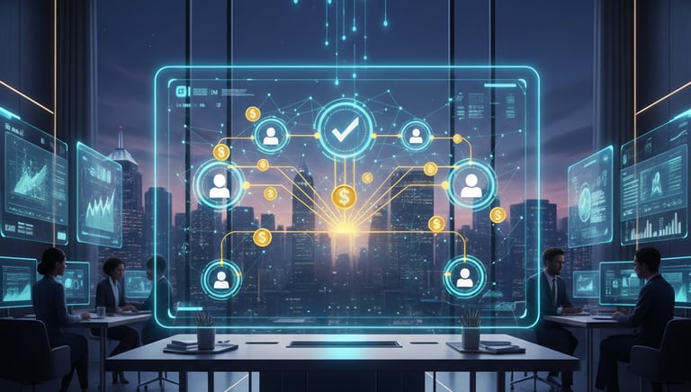 A hologram effect of a computer screen showing systems and network