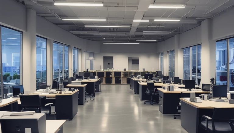 A team of cleaners performing a deep clean in an office.