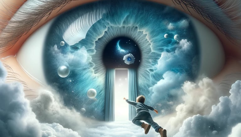 Boy flying toward a cosmic eye symbolising consciousness and the universe.