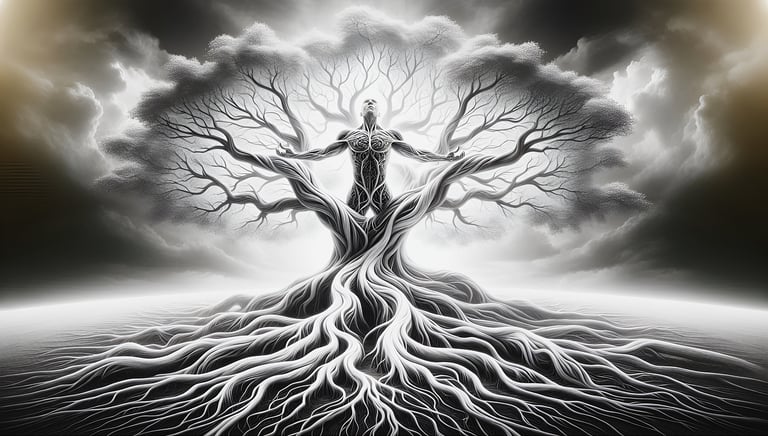 life emerging from darkness, symbolising awareness arising from emptiness and branching into matter