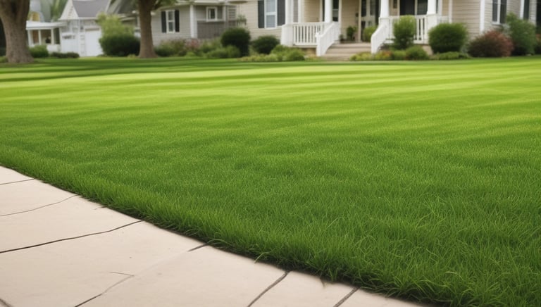 A robotic lawn mower is moving across a grassy lawn, with a clear blue sky in the background. The mower has a sleek, compact design and features prominent black and orange details.