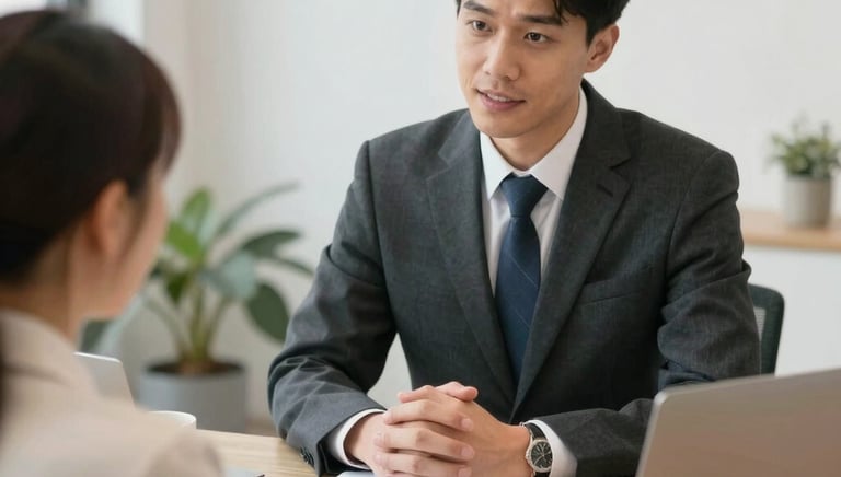A professional consultant assisting a client with company registration documents in a modern office.