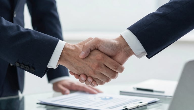 Close-up of hands reviewing financial documents during a business merger meeting.