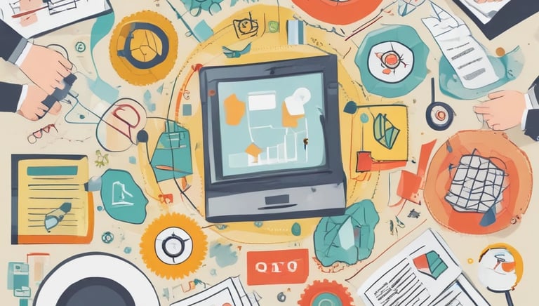 A group of six people are working together on a patch of land, engaging in agricultural activities. They are dressed in various colors with some donning traditional hats. The background consists of dense green foliage and trees, with a marshy area or river behind the workers. The scene suggests a rural setting with natural surroundings.